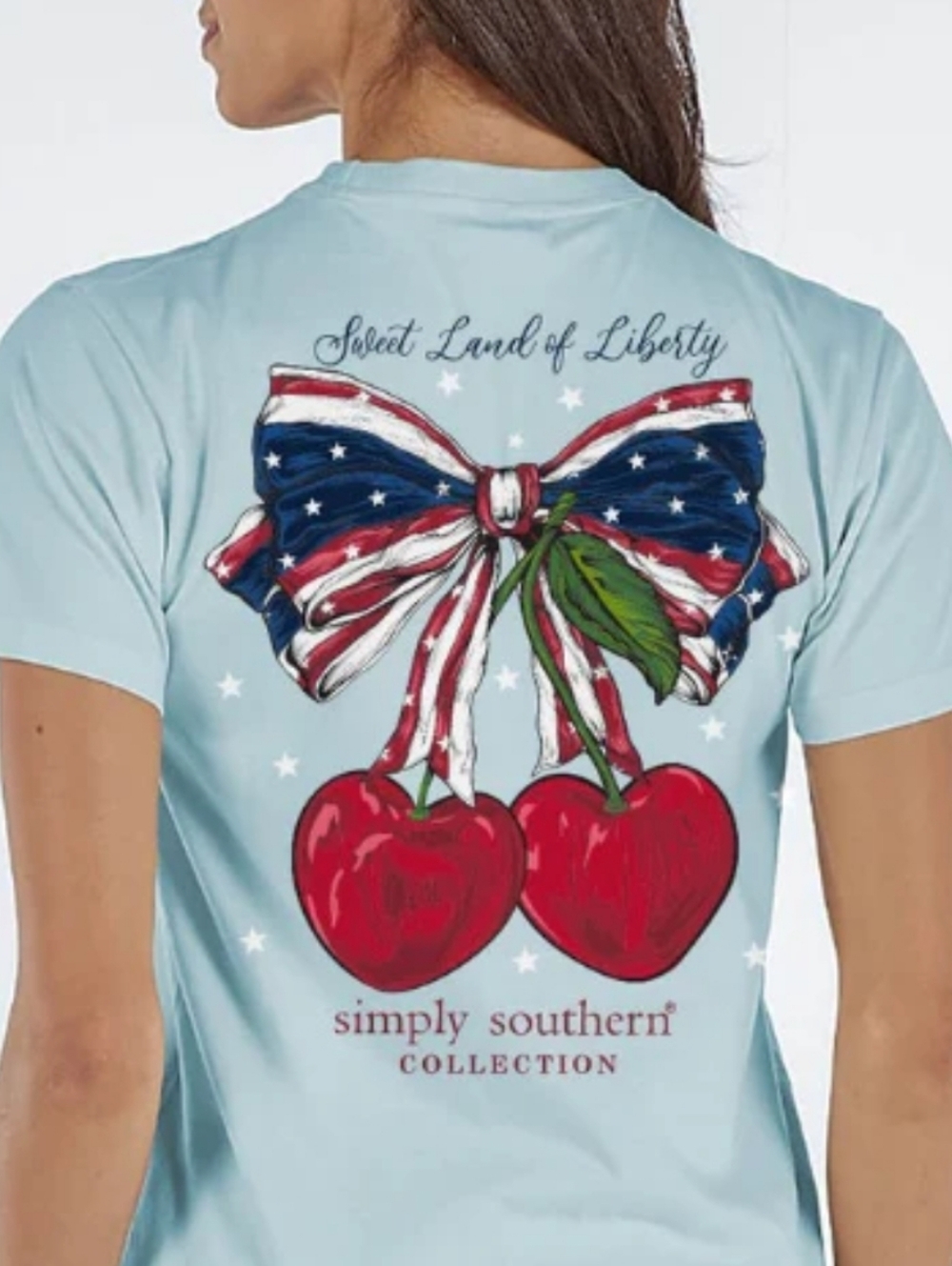 NWT Simply Southern Sweet Land Of Liberty Patriotic Bow & Cherry Graphic Tee